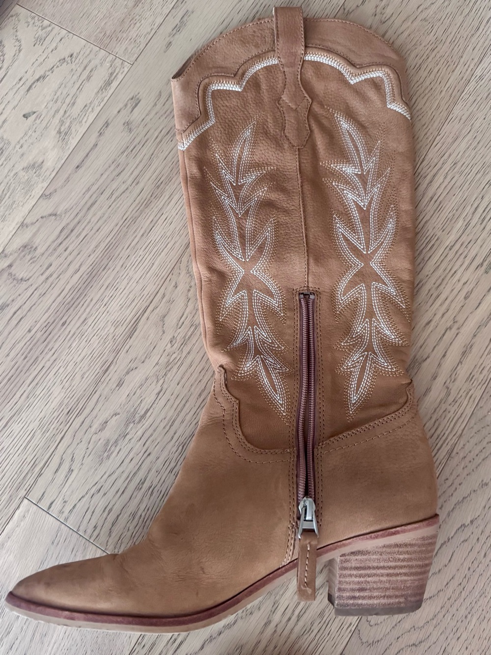 Dolce Vita Tan Suede Western Boot with Embroidered Detail